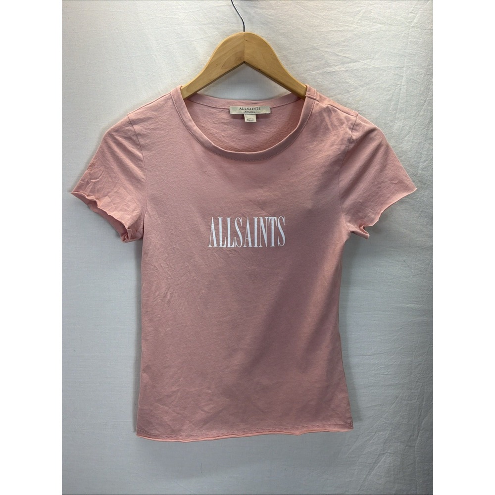 NEW ALLSAINTS women's pink spell out T-Shirt XS casual preppy cotton crewneck